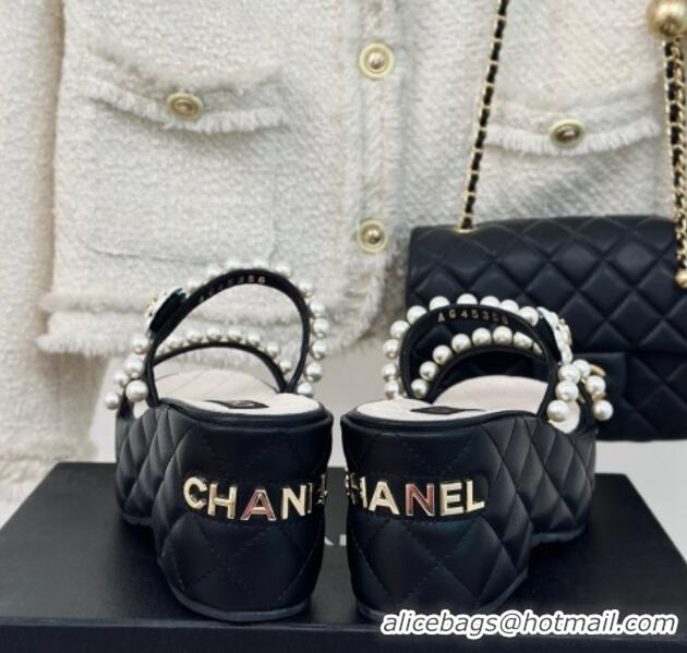 Best Grade Chanel Quilted Lambskin and Pearls Wedge Platform Slide Sandals 7cm Black 223098