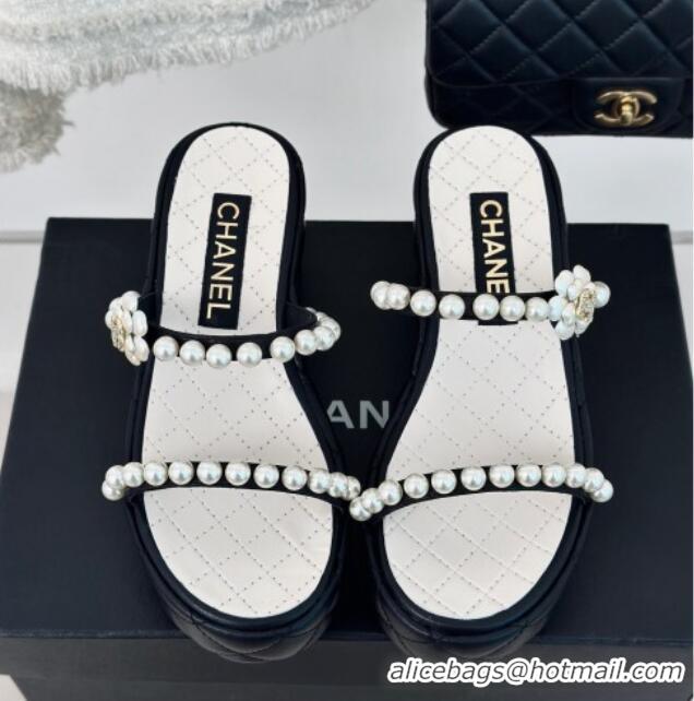 Best Grade Chanel Quilted Lambskin and Pearls Wedge Platform Slide Sandals 7cm Black 223098