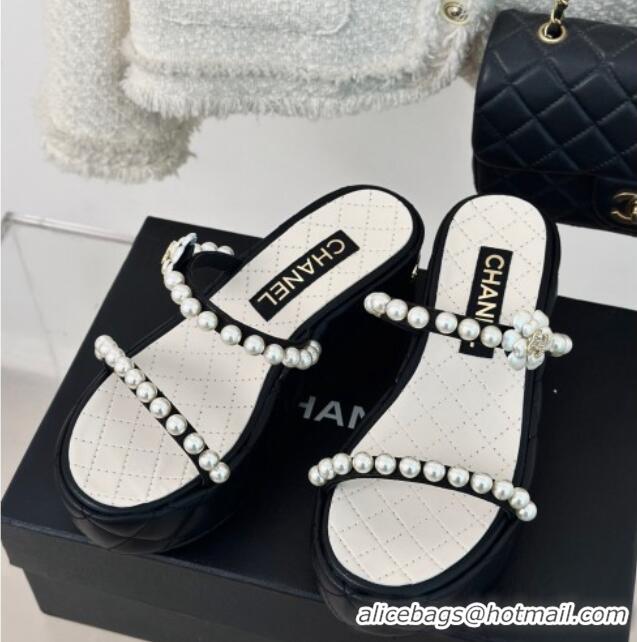 Best Grade Chanel Quilted Lambskin and Pearls Wedge Platform Slide Sandals 7cm Black 223098