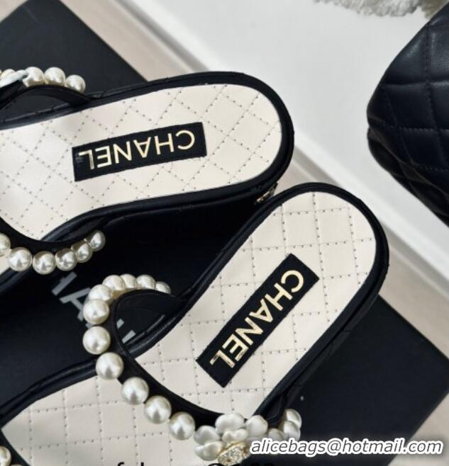 Best Grade Chanel Quilted Lambskin and Pearls Wedge Platform Slide Sandals 7cm Black 223098