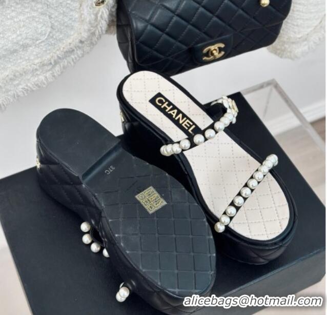 Best Grade Chanel Quilted Lambskin and Pearls Wedge Platform Slide Sandals 7cm Black 223098