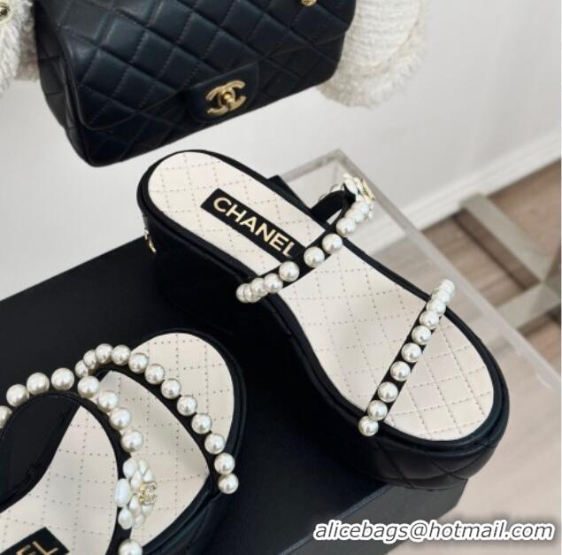 Best Grade Chanel Quilted Lambskin and Pearls Wedge Platform Slide Sandals 7cm Black 223098