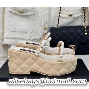 Top Grade Chanel Quilted Lambskin and Pearls Wedge Platform Slide Sandals 7cm Beige 0223099