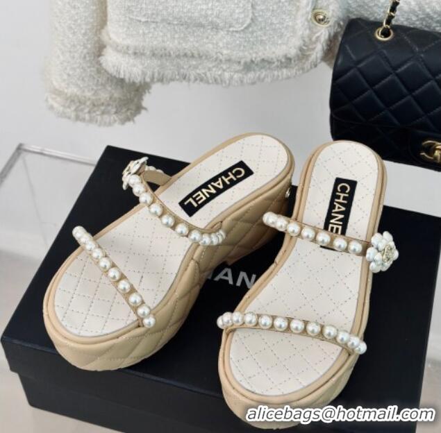 Top Grade Chanel Quilted Lambskin and Pearls Wedge Platform Slide Sandals 7cm Beige 0223099