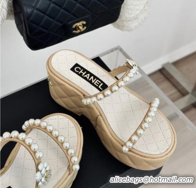 Top Grade Chanel Quilted Lambskin and Pearls Wedge Platform Slide Sandals 7cm Beige 0223099