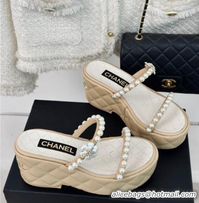 Top Grade Chanel Quilted Lambskin and Pearls Wedge Platform Slide Sandals 7cm Beige 0223099