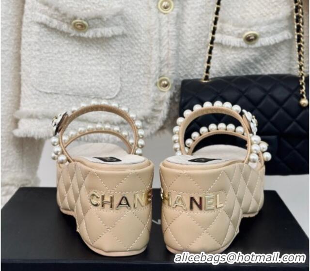 Top Grade Chanel Quilted Lambskin and Pearls Wedge Platform Slide Sandals 7cm Beige 0223099