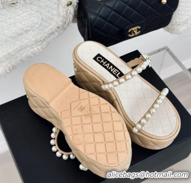 Top Grade Chanel Quilted Lambskin and Pearls Wedge Platform Slide Sandals 7cm Beige 0223099