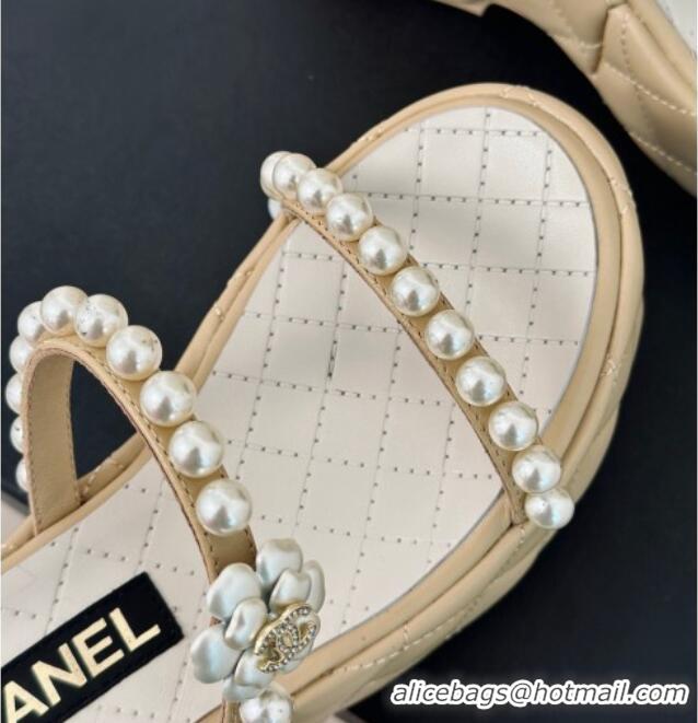 Top Grade Chanel Quilted Lambskin and Pearls Wedge Platform Slide Sandals 7cm Beige 0223099