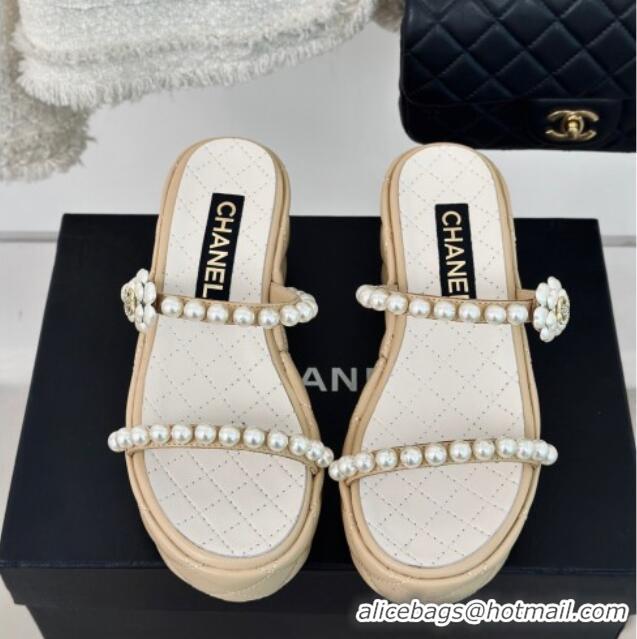 Top Grade Chanel Quilted Lambskin and Pearls Wedge Platform Slide Sandals 7cm Beige 0223099