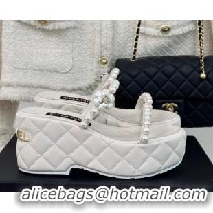 Charming Chanel Quilted Lambskin and Pearls Wedge Platform Slide Sandals 7cm White 0223100