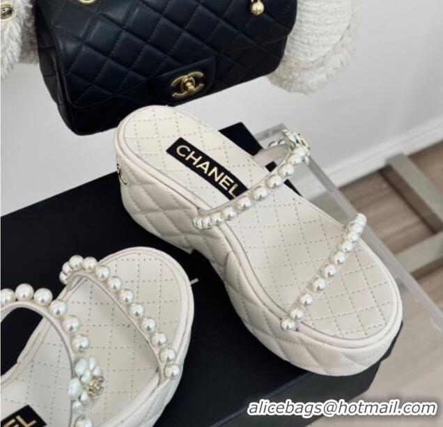 Charming Chanel Quilted Lambskin and Pearls Wedge Platform Slide Sandals 7cm White 0223100