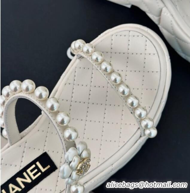 Charming Chanel Quilted Lambskin and Pearls Wedge Platform Slide Sandals 7cm White 0223100