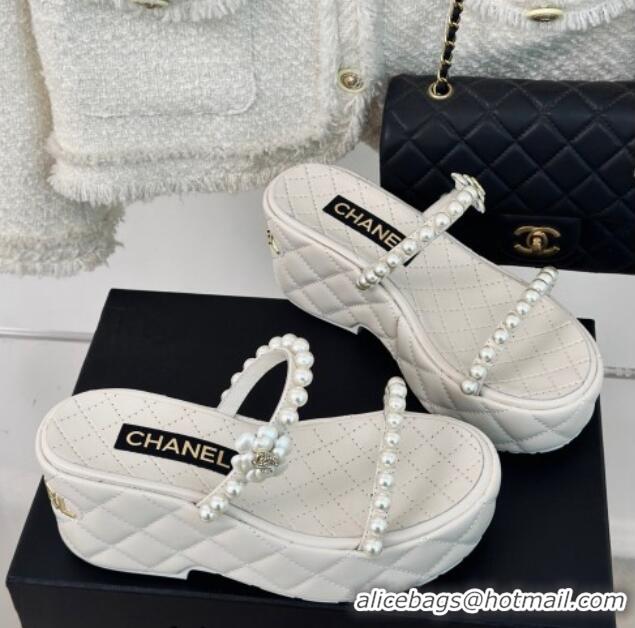 Charming Chanel Quilted Lambskin and Pearls Wedge Platform Slide Sandals 7cm White 0223100