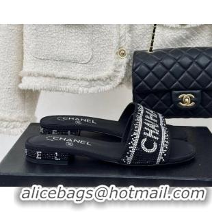 Pretty Style Chanel Crystals Flat Slide Sandals with Logo Band Black 0223101