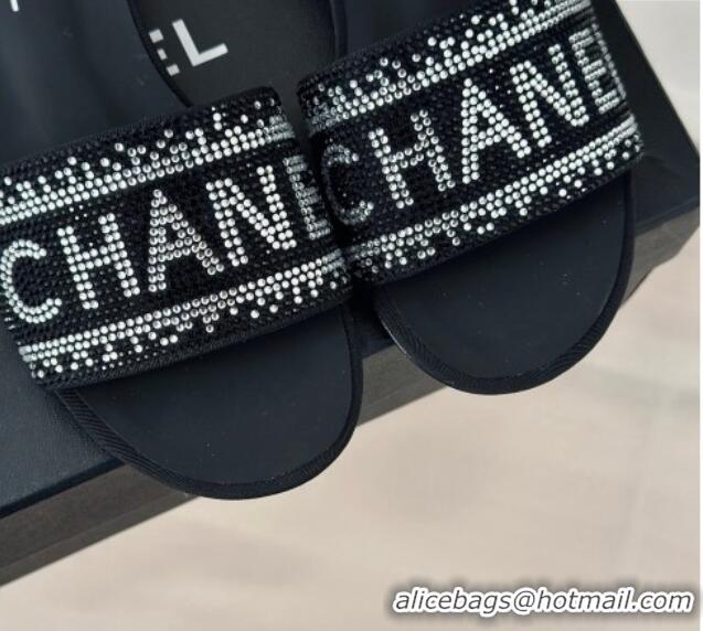 Pretty Style Chanel Crystals Flat Slide Sandals with Logo Band Black 0223101