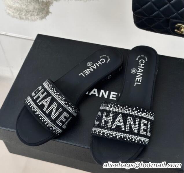 Pretty Style Chanel Crystals Flat Slide Sandals with Logo Band Black 0223101