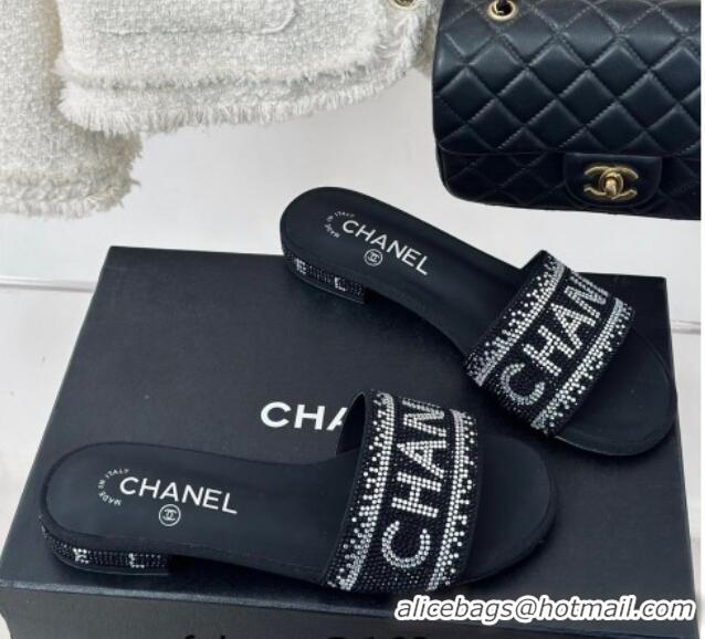 Pretty Style Chanel Crystals Flat Slide Sandals with Logo Band Black 0223101