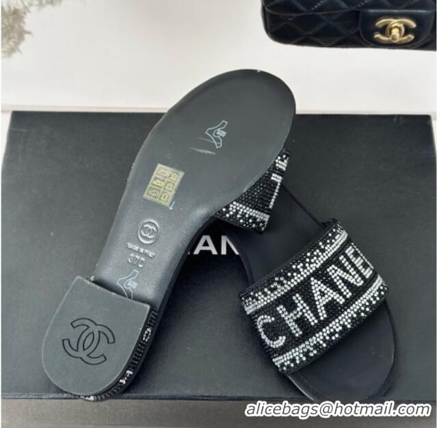 Pretty Style Chanel Crystals Flat Slide Sandals with Logo Band Black 0223101