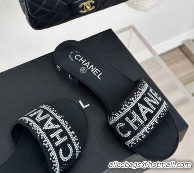 Pretty Style Chanel Crystals Flat Slide Sandals with Logo Band Black 0223101