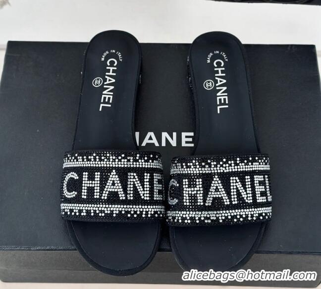 Pretty Style Chanel Crystals Flat Slide Sandals with Logo Band Black 0223101