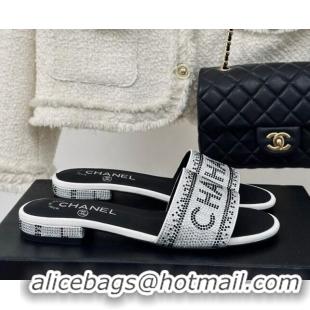 Grade Quality Chanel Crystals Flat Slide Sandals with Logo Band White 0223102