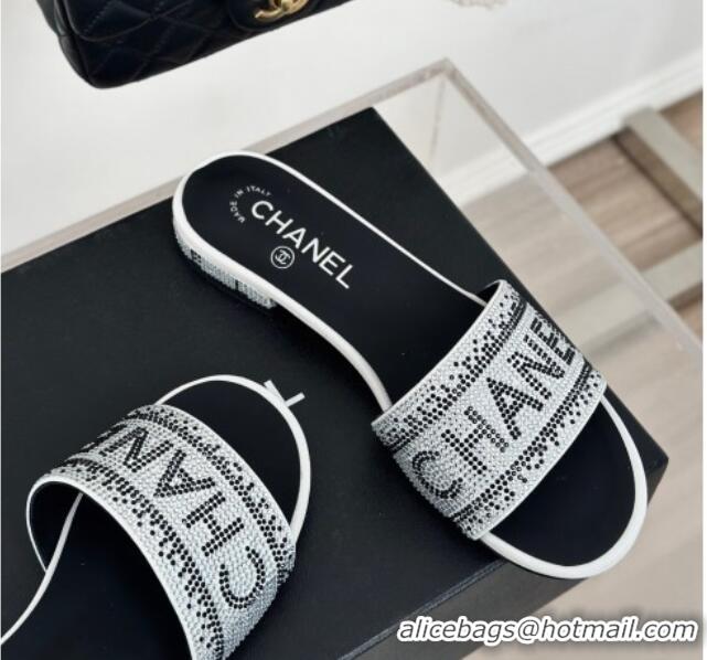 Grade Quality Chanel Crystals Flat Slide Sandals with Logo Band White 0223102