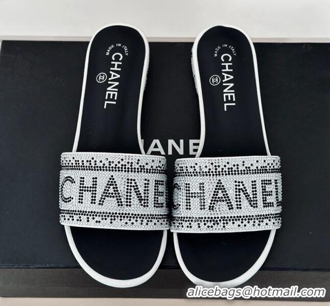 Grade Quality Chanel Crystals Flat Slide Sandals with Logo Band White 0223102