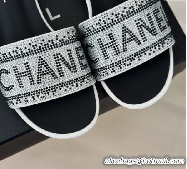 Grade Quality Chanel Crystals Flat Slide Sandals with Logo Band White 0223102