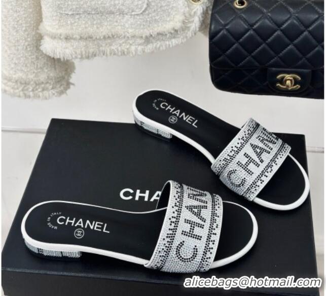 Grade Quality Chanel Crystals Flat Slide Sandals with Logo Band White 0223102