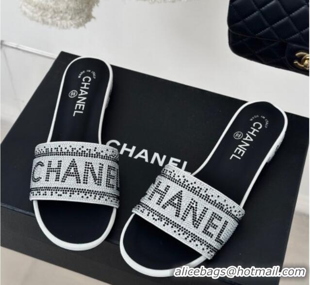 Grade Quality Chanel Crystals Flat Slide Sandals with Logo Band White 0223102