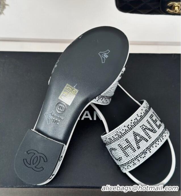 Grade Quality Chanel Crystals Flat Slide Sandals with Logo Band White 0223102