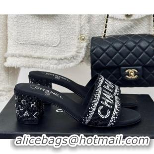 Good Product Chanel Crystals Heel Slide Sandals 6cm with Logo Band Black 0223103