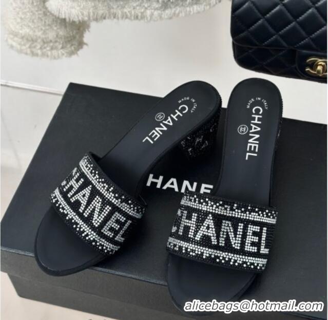 Good Product Chanel Crystals Heel Slide Sandals 6cm with Logo Band Black 0223103