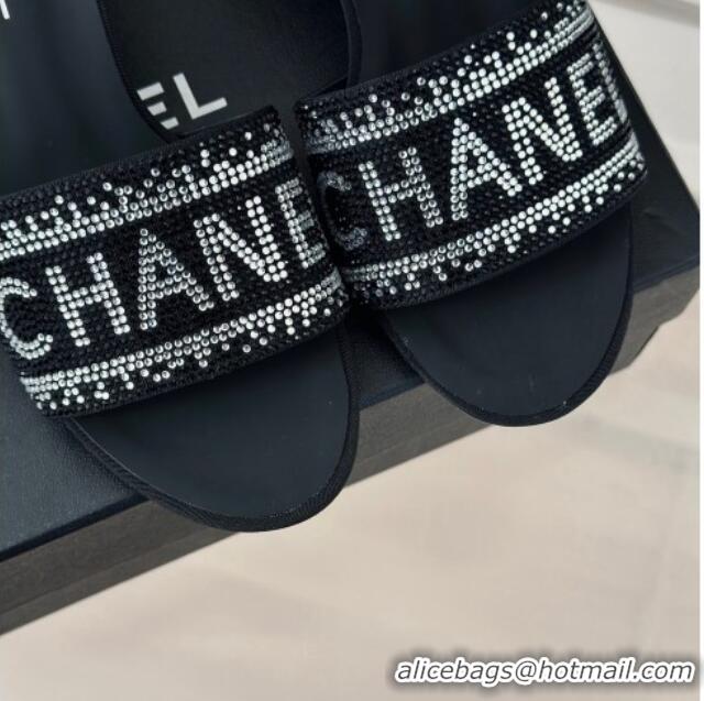 Good Product Chanel Crystals Heel Slide Sandals 6cm with Logo Band Black 0223103