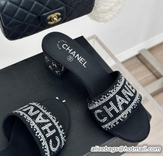 Good Product Chanel Crystals Heel Slide Sandals 6cm with Logo Band Black 0223103