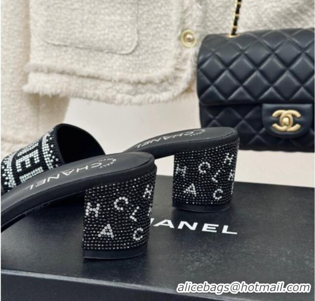 Good Product Chanel Crystals Heel Slide Sandals 6cm with Logo Band Black 0223103