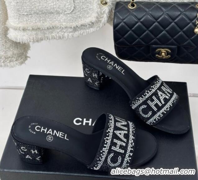 Good Product Chanel Crystals Heel Slide Sandals 6cm with Logo Band Black 0223103