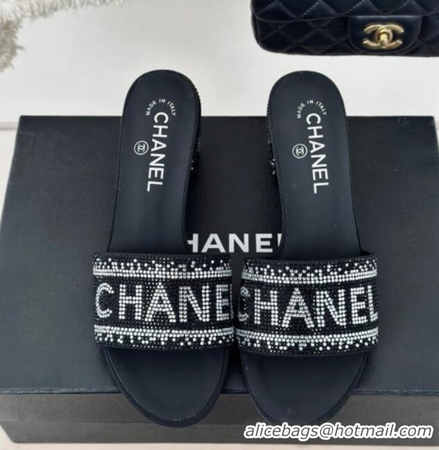 Good Product Chanel Crystals Heel Slide Sandals 6cm with Logo Band Black 0223103