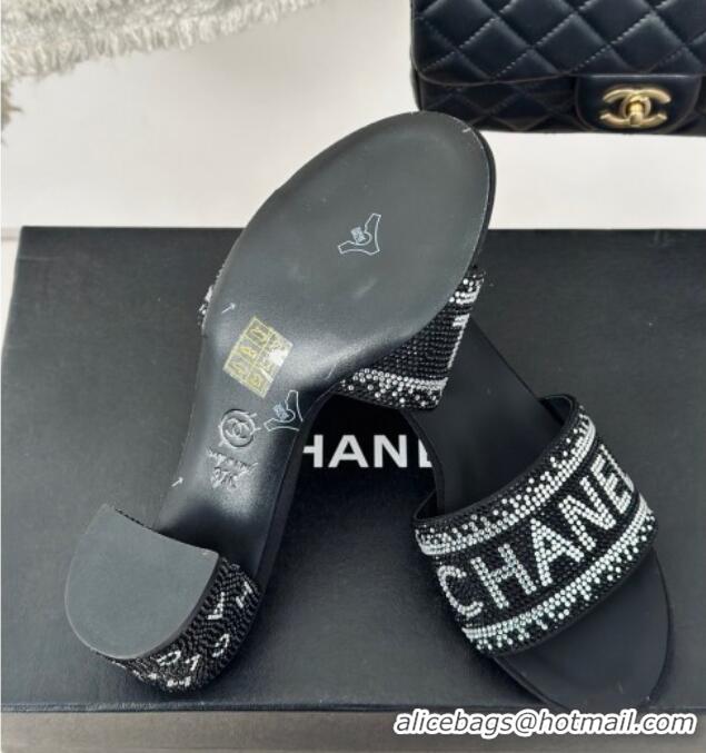 Good Product Chanel Crystals Heel Slide Sandals 6cm with Logo Band Black 0223103