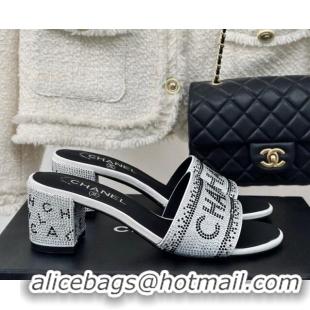 Top Design Chanel Crystals Heel Slide Sandals 6cm with Logo Band White 223105