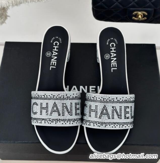 Top Design Chanel Crystals Heel Slide Sandals 6cm with Logo Band White 223105