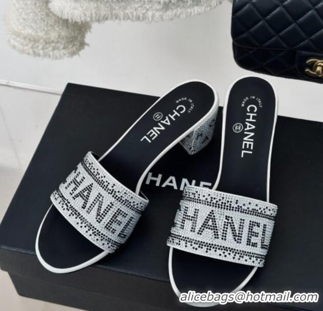 Top Design Chanel Crystals Heel Slide Sandals 6cm with Logo Band White 223105