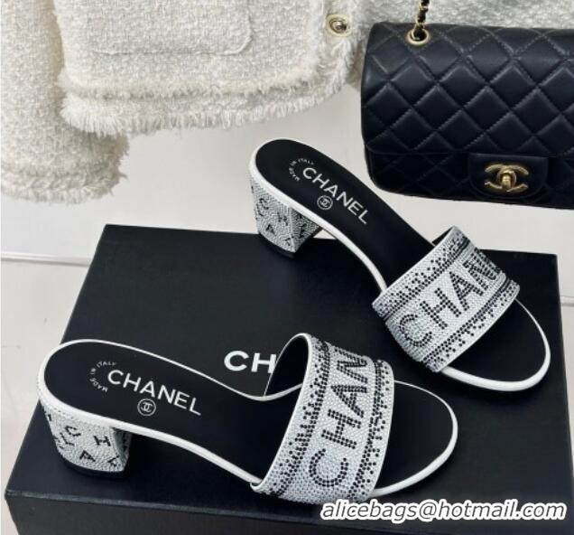 Top Design Chanel Crystals Heel Slide Sandals 6cm with Logo Band White 223105