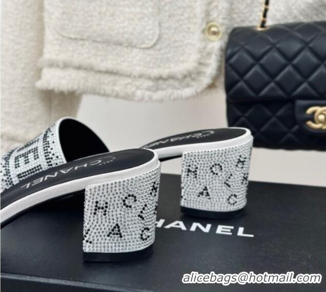 Top Design Chanel Crystals Heel Slide Sandals 6cm with Logo Band White 223105