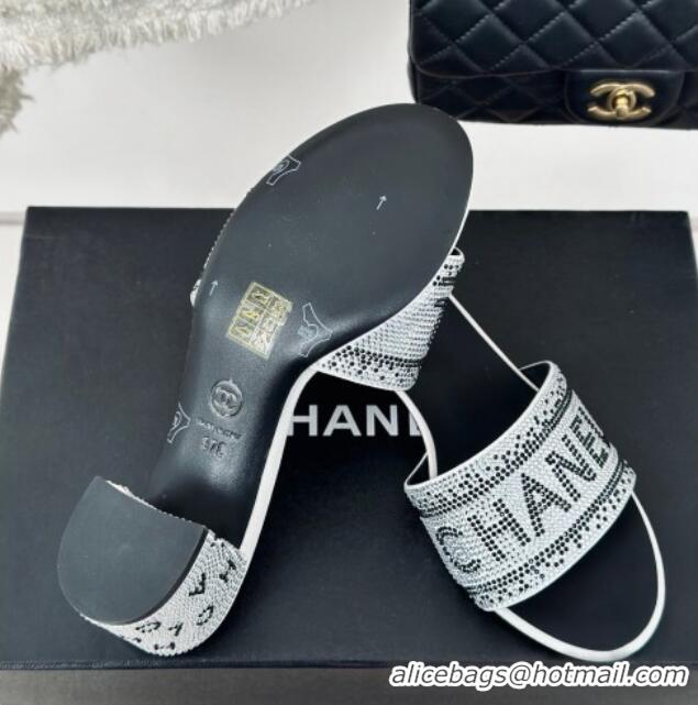 Top Design Chanel Crystals Heel Slide Sandals 6cm with Logo Band White 223105