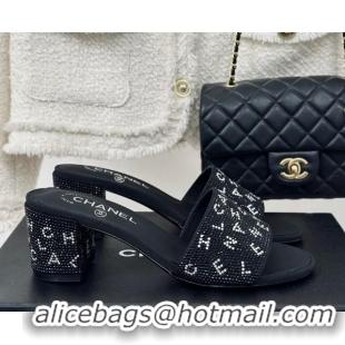 Good Quality Chanel Crystals Heel Slide Sandals 6cm with Letterings Black 0223104