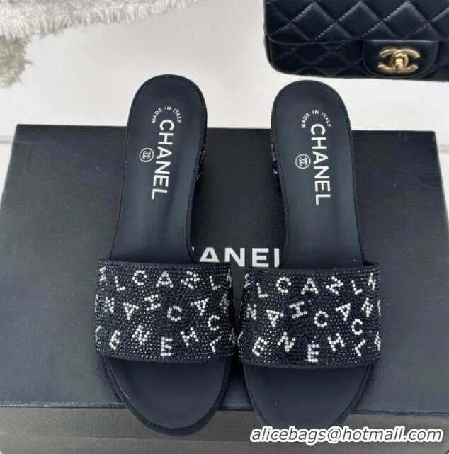 Good Quality Chanel Crystals Heel Slide Sandals 6cm with Letterings Black 0223104