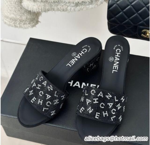 Good Quality Chanel Crystals Heel Slide Sandals 6cm with Letterings Black 0223104