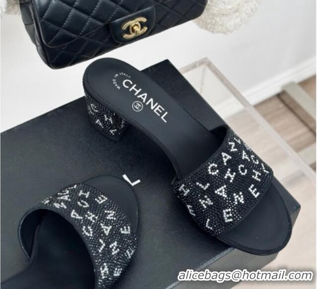 Good Quality Chanel Crystals Heel Slide Sandals 6cm with Letterings Black 0223104